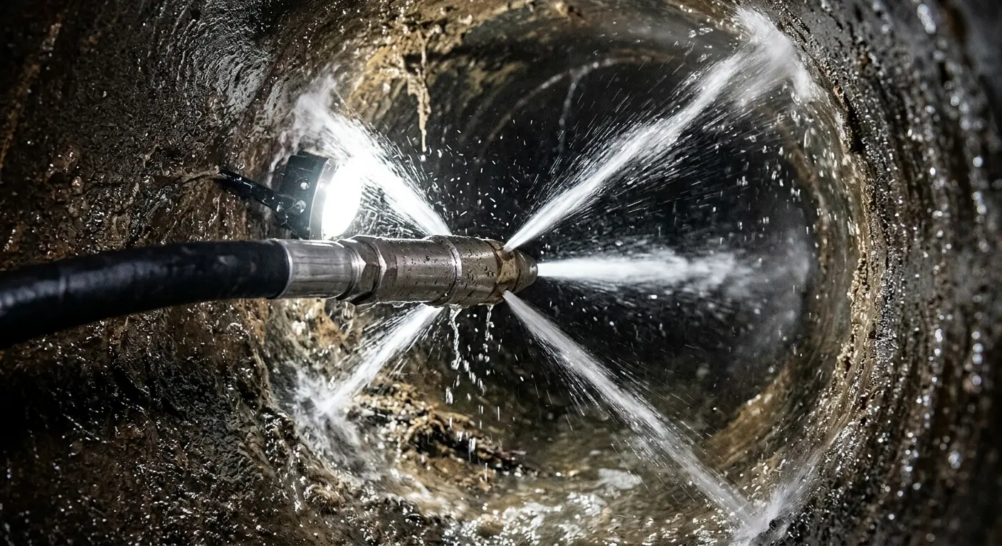 High-pressure hydro jetting nozzle cleaning sewer pipe for Emergency Drain Service in Council Bluffs