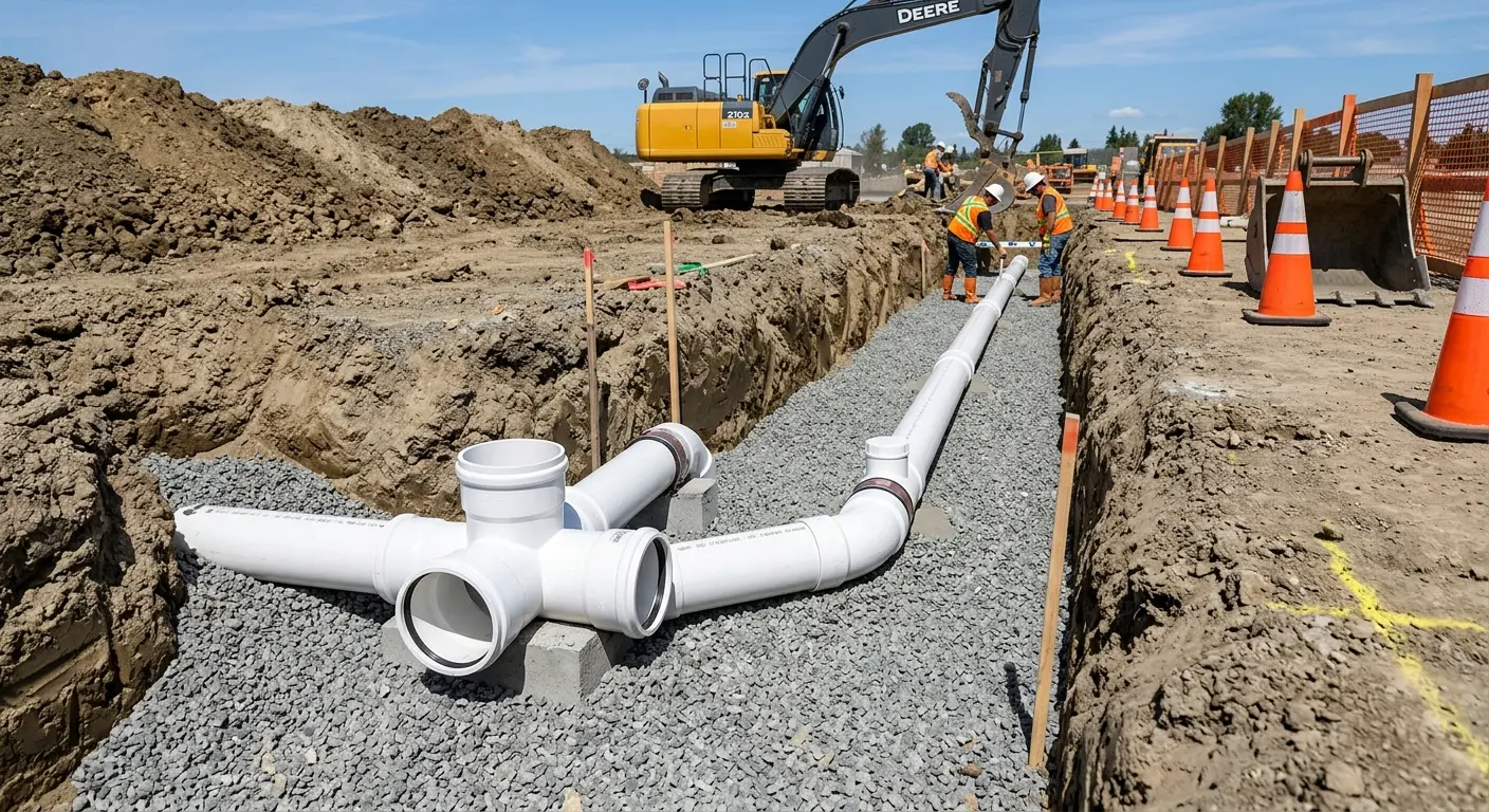 New PVC sewer pipe installation in open trench for Sewer Camera Inspection in Council Bluffs