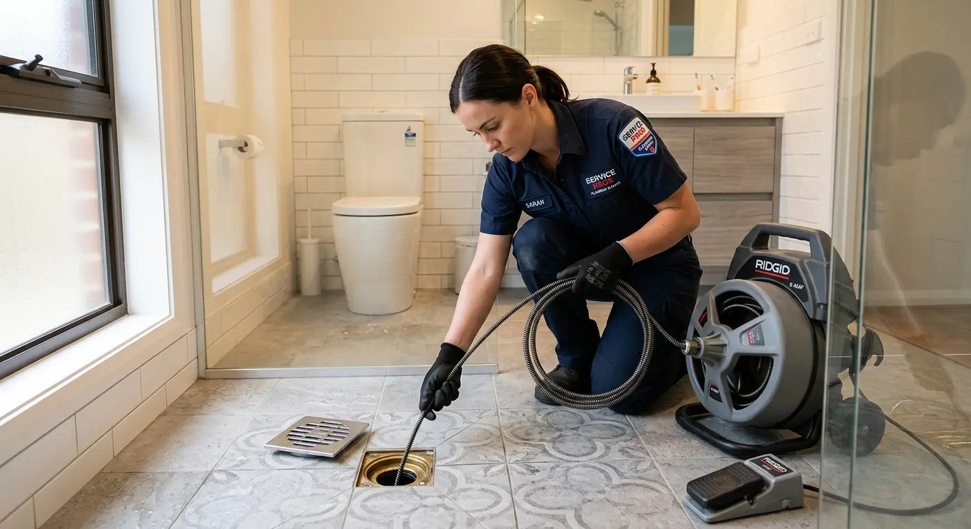 Technician clearing a bathroom floor drain for Hydro Jetting in Council Bluffs